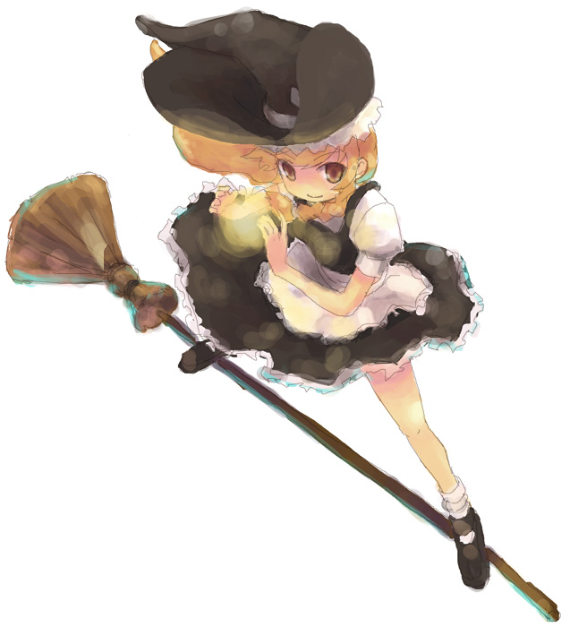 hino hikaru, kirisame marisa, touhou, 1girl, blonde hair, broom, broom riding, broom surfing, energy ball, female focus, hat, simple background, solo, white background, witch, witch hat