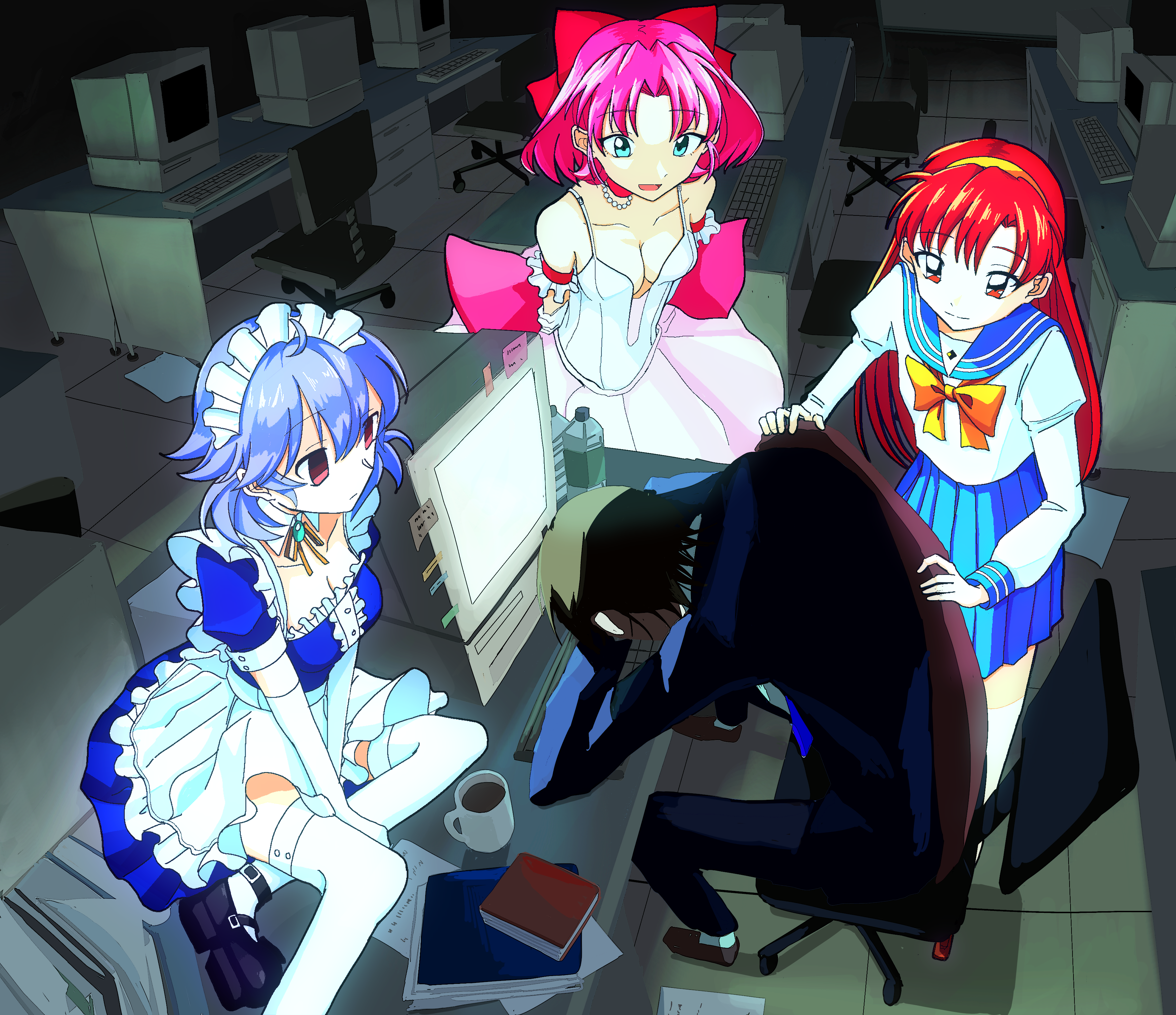 amamoto air, original, absurdres, commentary, highres, 1boy, 3girls, blue eyes, blue hair, breasts, cleavage, coffee, coffee mug, computer, computer keyboard, cup, gloves, maid, maid headdress, mug, multiple girls, office, pink hair, red hair, white gloves