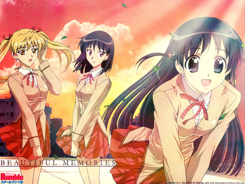 sawachika eri, tsukamoto tenma, tsukamoto yakumo, school rumble, 00s, 3girls, black eyes, black hair, blonde hair, cloud, copyright name, leaning forward, long hair, looking at viewer, multiple girls, orange eyes, outdoors, red eyes, rooftop, school uniform, short hair, siblings, sisters, sky, twintails, two side up, wind