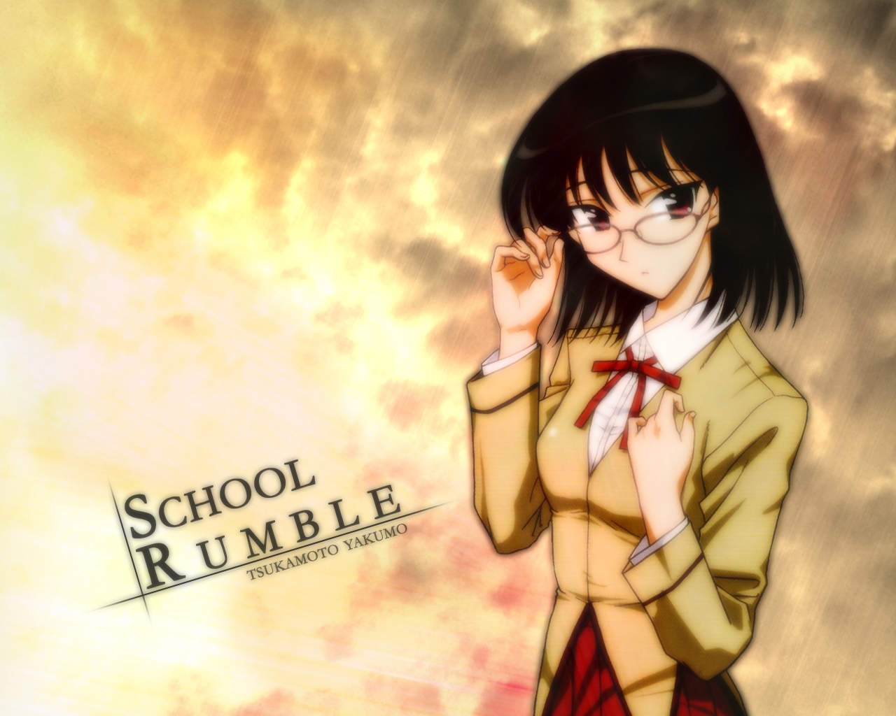 tsukamoto yakumo, school rumble, tagme, 00s, 1girl, bespectacled, black hair, character name, copyright name, female focus, glasses, looking at viewer, red eyes, school uniform, short hair, solo
