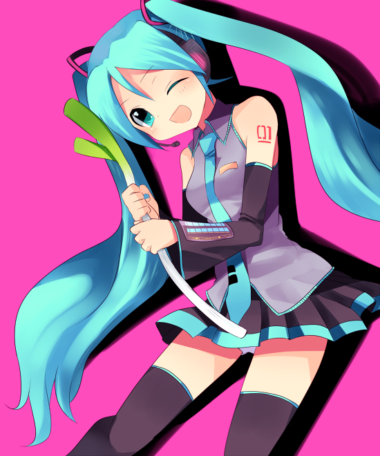 subaru (yachika), hatsune miku, vocaloid, 1girl, aqua hair, aqua necktie, black thighhighs, blouse, collared shirt, female focus, grey shirt, holding, long hair, necktie, panties, pantyshot, pink background, shirt, shoulder tattoo, sleeveless, sleeveless shirt, solo, spring onion, tattoo, thighhighs, twintails, two-handed, underwear, very long hair, zettai ryouiki