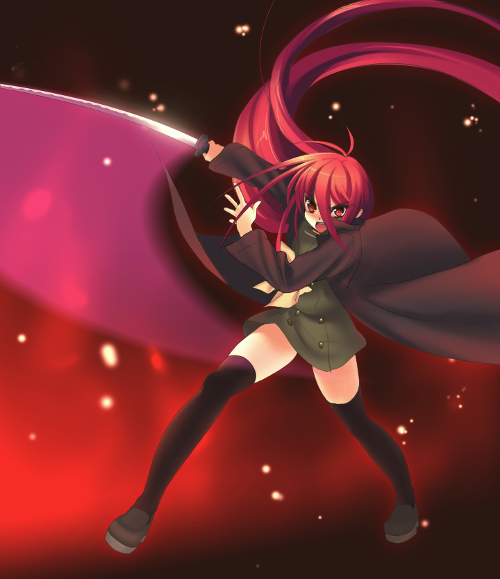 piyodera mucha, shana, shakugan no shana, 00s, cape, red hair, school uniform, serafuku, solo, sword, thighhighs, weapon, zettai ryouiki