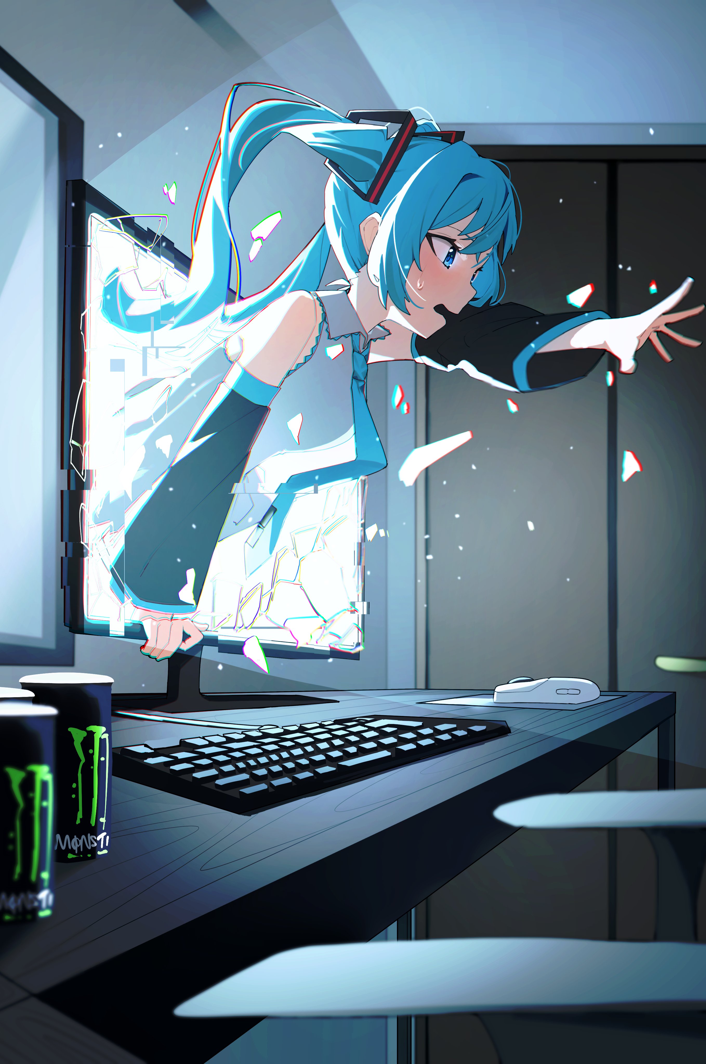 nun178089, hatsune miku, monster energy, vocaloid, absurdres, hashtag-only commentary, highres, 1girl, bare shoulders, black sleeves, blue eyes, blue hair, blue necktie, blush, collared shirt, computer keyboard, computer mouse, detached sleeves, from side, grey shirt, indoors, long hair, long sleeves, monitor, necktie, open mouth, outstretched arm, shirt, sleeveless, sleeveless shirt, solo, through medium, through screen, tie clip, twintails