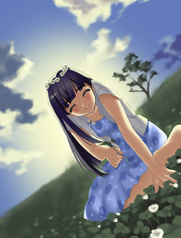 piyodera mucha, original, 1girl, black hair, blush, closed eyes, cloud, clover, clover (flower), dutch angle, female focus, flower, grass, head wreath, long hair, outdoors, sky, smile, solo, tree