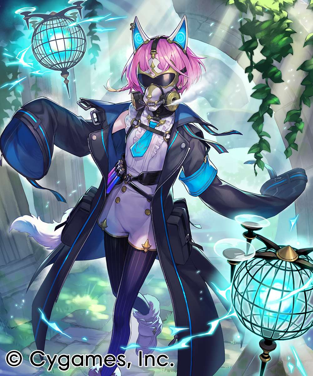 ame8desu, shadowverse, shadowverse: worlds beyond, commentary request, highres, official art, alouette (shadowverse: worlds beyond), animal ears, black pantyhose, blue necktie, braid, cat ears, company name, drone, earrings, high-waist shorts, jacket, jewelry, mask, mechanical ears, necktie, open clothes, open jacket, pantyhose, plant, pouch, purple hair, shoes, short hair, shorts, standing, strap, striped clothes, striped pantyhose, vertical-striped clothes, vertical-striped pantyhose, vial, vines, white shoes, wide sleeves