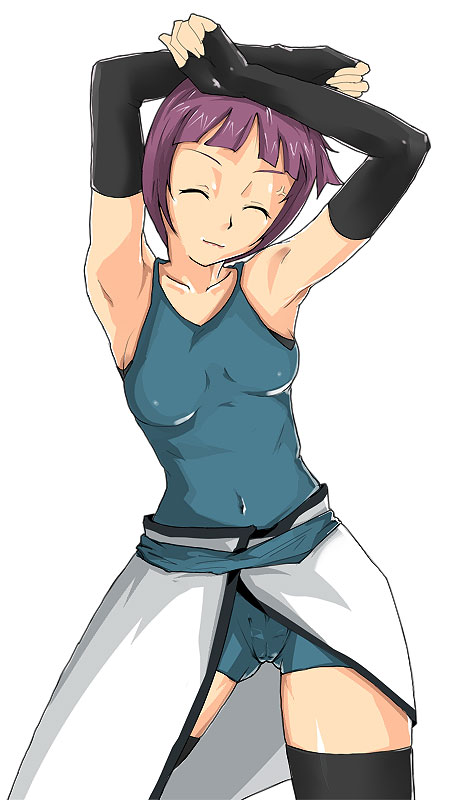 schach nouera, lyrical nanoha, mahou shoujo lyrical nanoha, mahou shoujo lyrical nanoha strikers, 00s, 1girl, breasts, cameltoe, closed eyes, covered erect nipples, elbow gloves, female focus, gloves, medium breasts, purple hair, solo, thighhighs