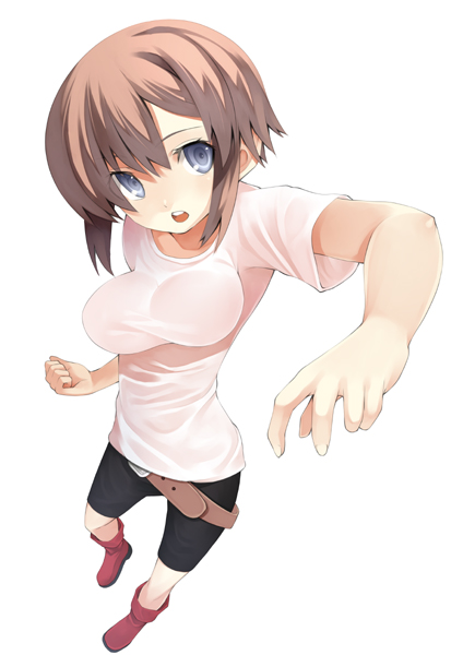 murata taichi, original, 1girl, belt, bike shorts, blue eyes, brown hair, female focus, solo