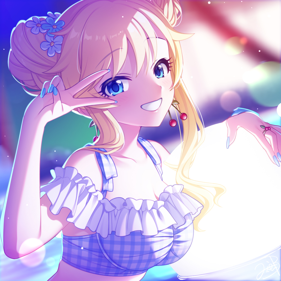 mikapoe, ohtsuki yui, idolmaster, idolmaster cinderella girls, commentary, 1girl, bare shoulders, bikini, blonde hair, blue bikini, blue eyes, breasts, cleavage, collarbone, double bun, flower, frilled bikini, frills, grin, hair bun, hair flower, hair ornament, long hair, looking at viewer, medium breasts, smile, solo, swimsuit, v, wavy sidelocks