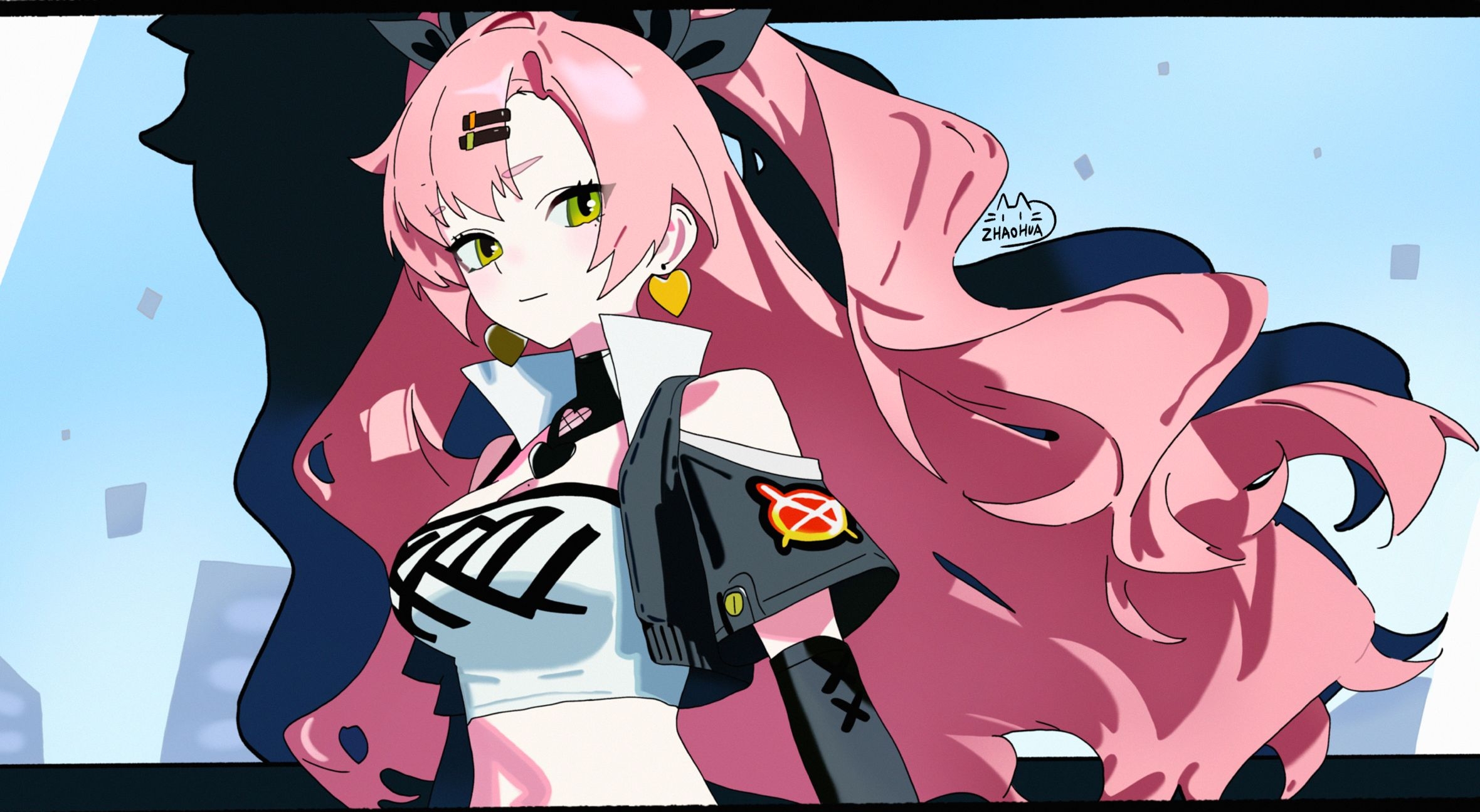 zhaohua, nicole demara, zenless zone zero, highres, 1girl, black ribbon, breasts, crop top, green eyes, hair ornament, hair ribbon, hairclip, jewelry, large breasts, long hair, looking at viewer, mole, mole on breast, mole under eye, pink hair, ribbon, smile, solo, two side up