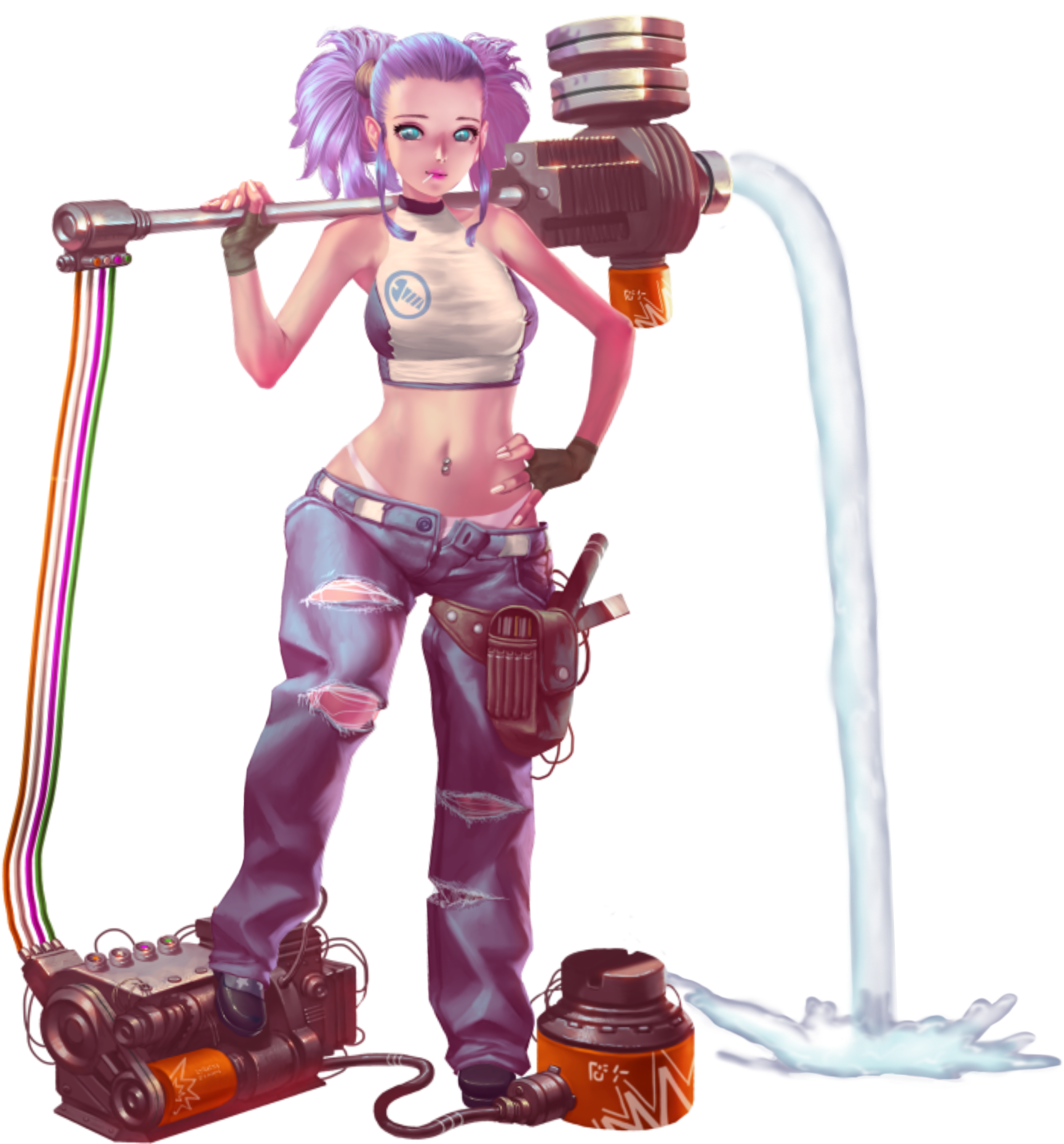 crystal maiden (series), artist request, game cg, highres, official art, variant set, 1girl, baggy pants, bare shoulders, black shoes, blue eyes, blue hair, breasts, crop top, denim, engine, fingerless gloves, forehead, full body, gloves, hand on own hip, holding, holding weapon, jeans, katherine (crystal maidens), navel, navel piercing, over shoulder, panties, pants, piercing, screw, shoes, solo, star (symbol), star print, transparent background, unbuttoned, underwear, water, weapon, weapon over shoulder, white panties, wire