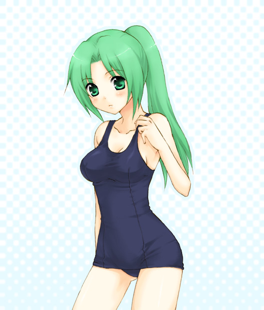 usashiro mani, sonozaki mion, higurashi no naku koro ni, 00s, 1girl, female focus, green eyes, green hair, matching hair/eyes, one-piece swimsuit, ponytail, school swimsuit, solo, swimsuit