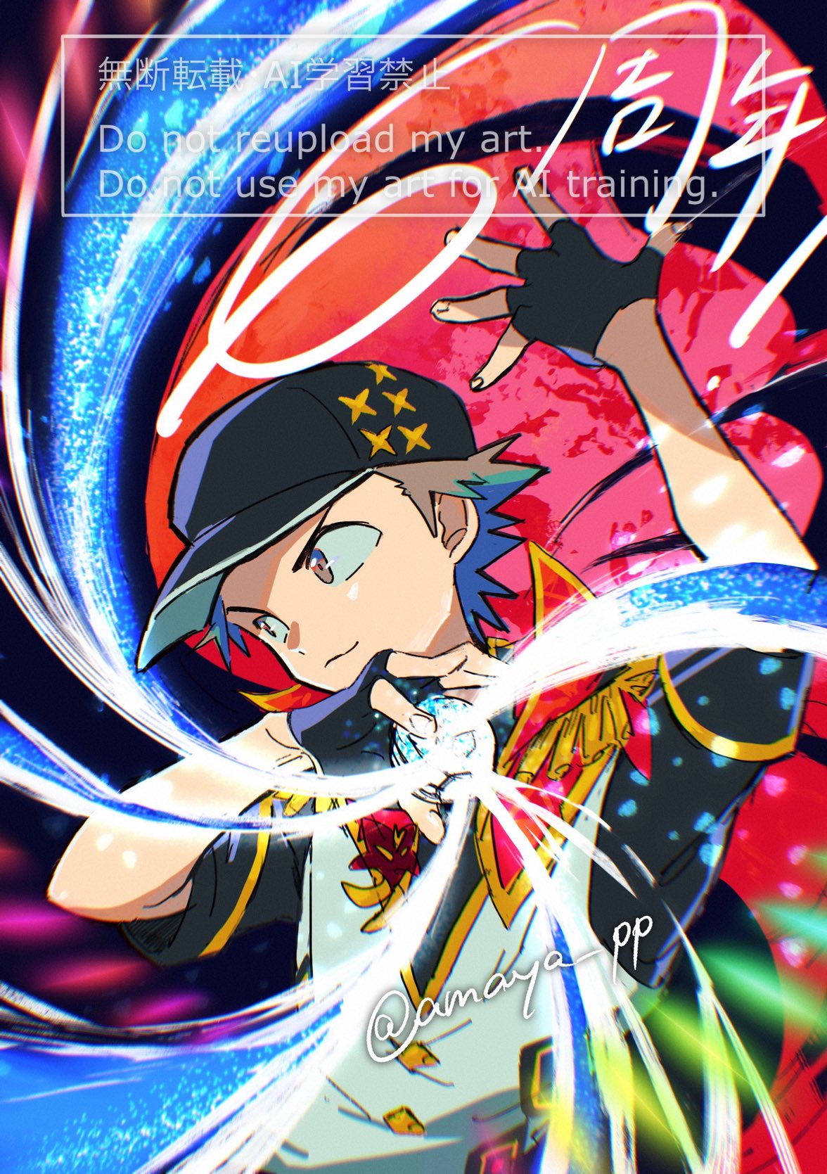 amaya uw, red (pokemon), nintendo, pokemon, pokemon masters ex, commentary request, highres, 1boy, arm up, black gloves, black hat, black shirt, brown eyes, brown hair, closed mouth, fingerless gloves, gloves, hand up, hat, holding, holding tera orb, looking down, male focus, official alternate costume, red (anniversary 2025) (pokemon), shirt, short hair, solo, tera orb, twitter username, vest, watermark