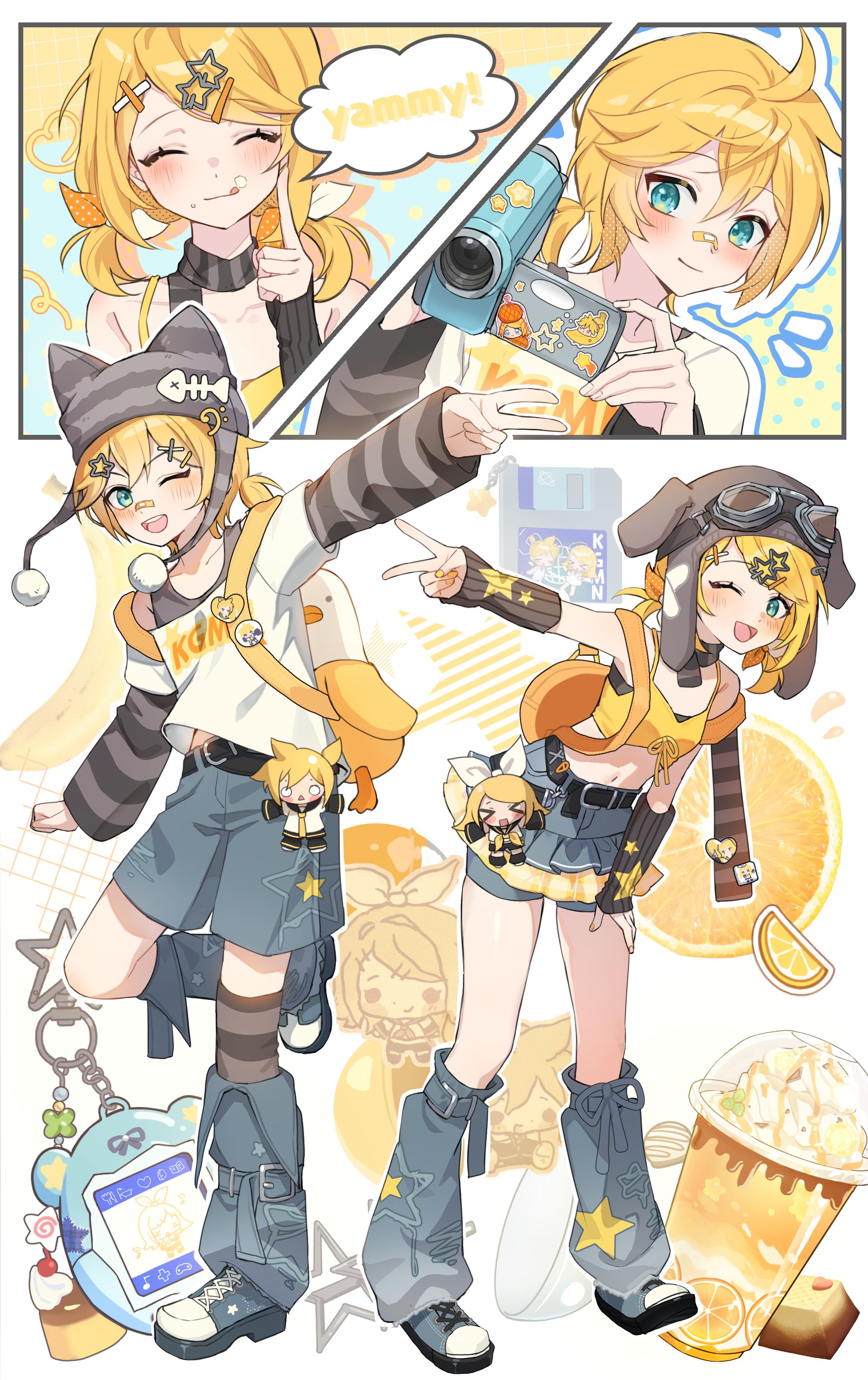 shana deco, kagamine len, kagamine rin, vocaloid, absurdres, commentary, highres, symbol-only commentary, 1boy, 1girl, :q, ;d, animal hat, arm warmers, bandaid, bandaid on face, bandaid on nose, beanie, blonde hair, blue shoes, blue shorts, blush, brother and sister, camcorder, cat hat, closed eyes, closed mouth, collarbone, cropped shirt, crumbs, english text, engrish text, fish skeleton hat ornament, floppy disk, food, full body, goggles, goggles on headwear, grey hat, grey tank top, grey thighhighs, hair ornament, hat, leg warmers, long sleeves, looking at viewer, midriff, navel, notice lines, one eye closed, open mouth, outline, outstretched arm, pudding, ranguage, shirt, shoes, short hair, shorts, siblings, single thighhigh, sleeveless, sleeveless shirt, smile, standing, star (symbol), star hair ornament, striped clothes, striped thighhighs, tamagotchi (virtual pet), tank top, thighhighs, tongue, tongue out, twins, v, video camera, virtual pet (toy), white outline, white shirt, x hair ornament, yellow shirt