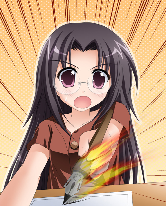tsuda akira, tamura hiyori, lucky star, 00s, 1girl, black hair, brown shirt, buttons, emphasis lines, female focus, fire, glasses, long hair, looking at viewer, nib pen (object), paper, pen, red eyes, rimless eyewear, shirt, short sleeves, solo, upper body, very long hair, writing