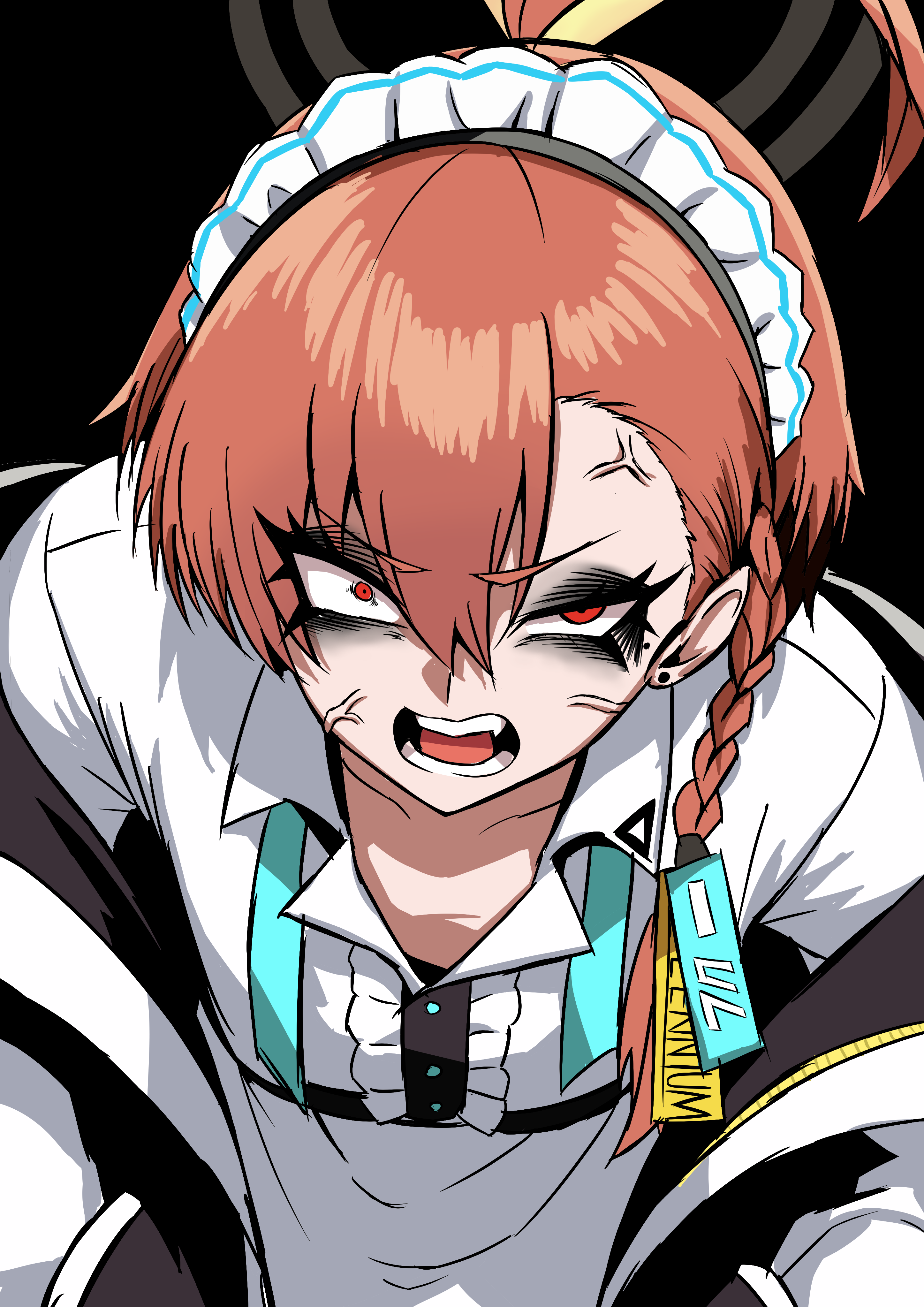 nagainegi, neru (blue archive), blue archive, absurdres, highres, 1girl, ahoge, anger vein, animal ears, bags under eyes, black halo, braid, breasts, gun, halo, huge ahoge, jacket, leotard, looking at viewer, mole, mole under each eye, mole under eye, multiple moles, orange hair, print jacket, red eyes, red leotard, sig mpx, single braid, solo, submachine gun, tag, weapon