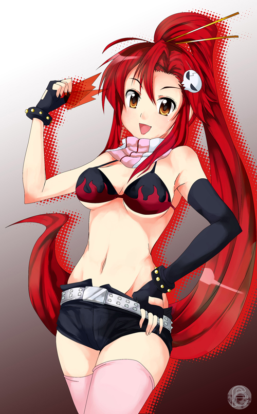 hubrael, yoko littner, tengen toppa gurren lagann, 00s, bikini, bikini top only, midriff, ponytail, red hair, short shorts, shorts, solo, swimsuit, thighhighs, yellow eyes