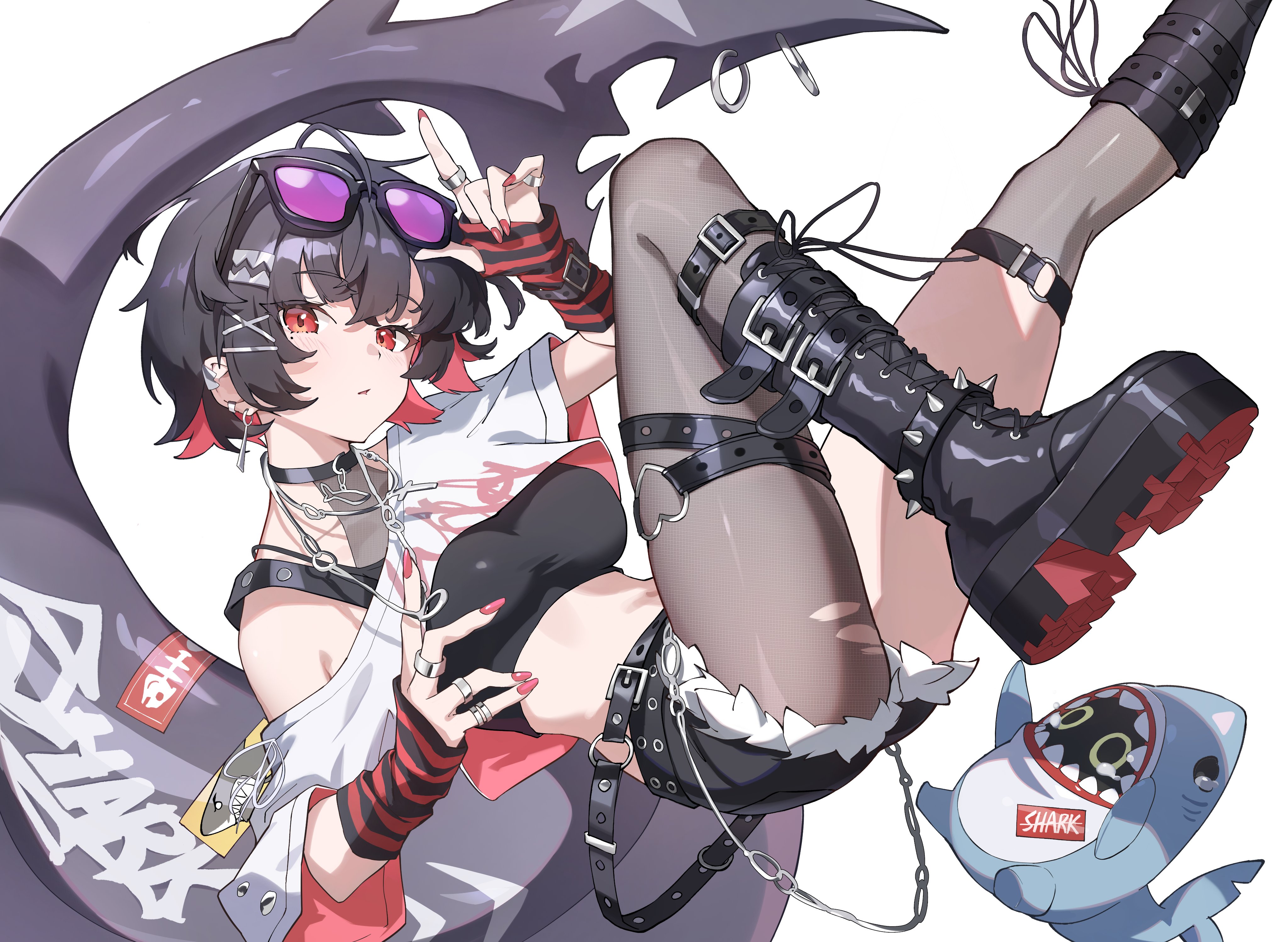 ellen joe, zenless zone zero, absurdres, highres, 1girl, asymmetrical legwear, black boots, black hair, black shorts, boots, breasts, closed mouth, colored inner hair, eyewear on head, fingernails, hand up, medium breasts, mismatched legwear, multicolored hair, navel, pink nails, red eyes, red hair, sh1on, shorts, simple background, solo, white background