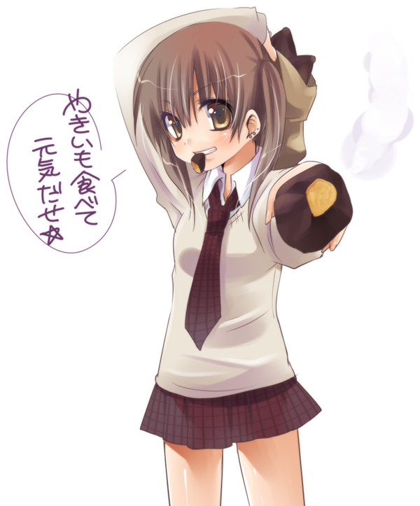 yukian, original, 1girl, blush, brown hair, collared shirt, dress shirt, female focus, long sleeves, looking at viewer, miniskirt, necktie, outstretched arm, pleated skirt, red necktie, red skirt, school uniform, serafuku, shirt, short hair, simple background, skirt, solo, white background, white shirt, yellow eyes