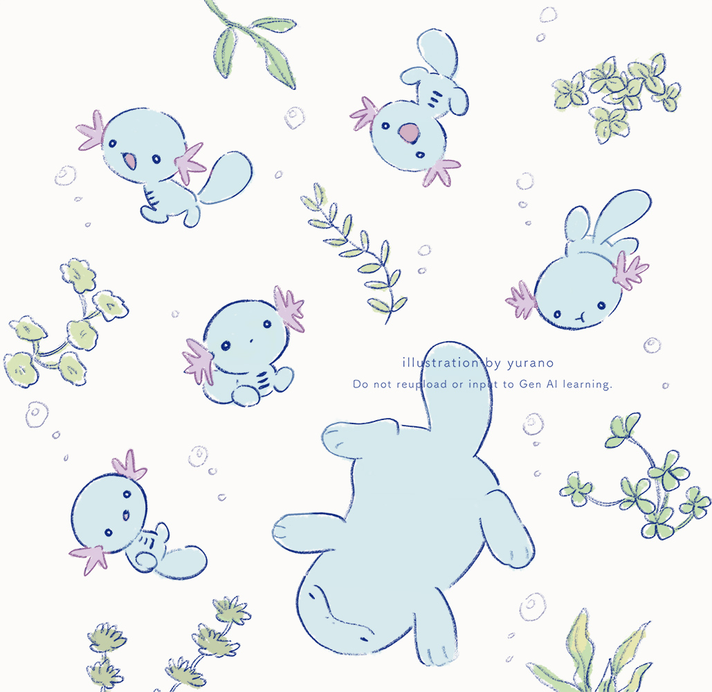 yurano (upao), quagsire, wooper, nintendo, pokemon, air bubble, bubble, closed mouth, evolutionary line, full body, gen 2 pokemon, leaf, no humans, open mouth, pokemon (creature), pokemon focus, simple background, smile, tail