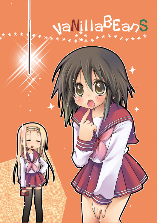 yukian, kusakabe misao, minegishi ayano, lucky star, 00s, 2girls, blonde hair, brown hair, fang, hairband, long hair, multiple girls, pocky, saliva, school uniform, serafuku, short hair, thighhighs, yellow eyes, zettai ryouiki