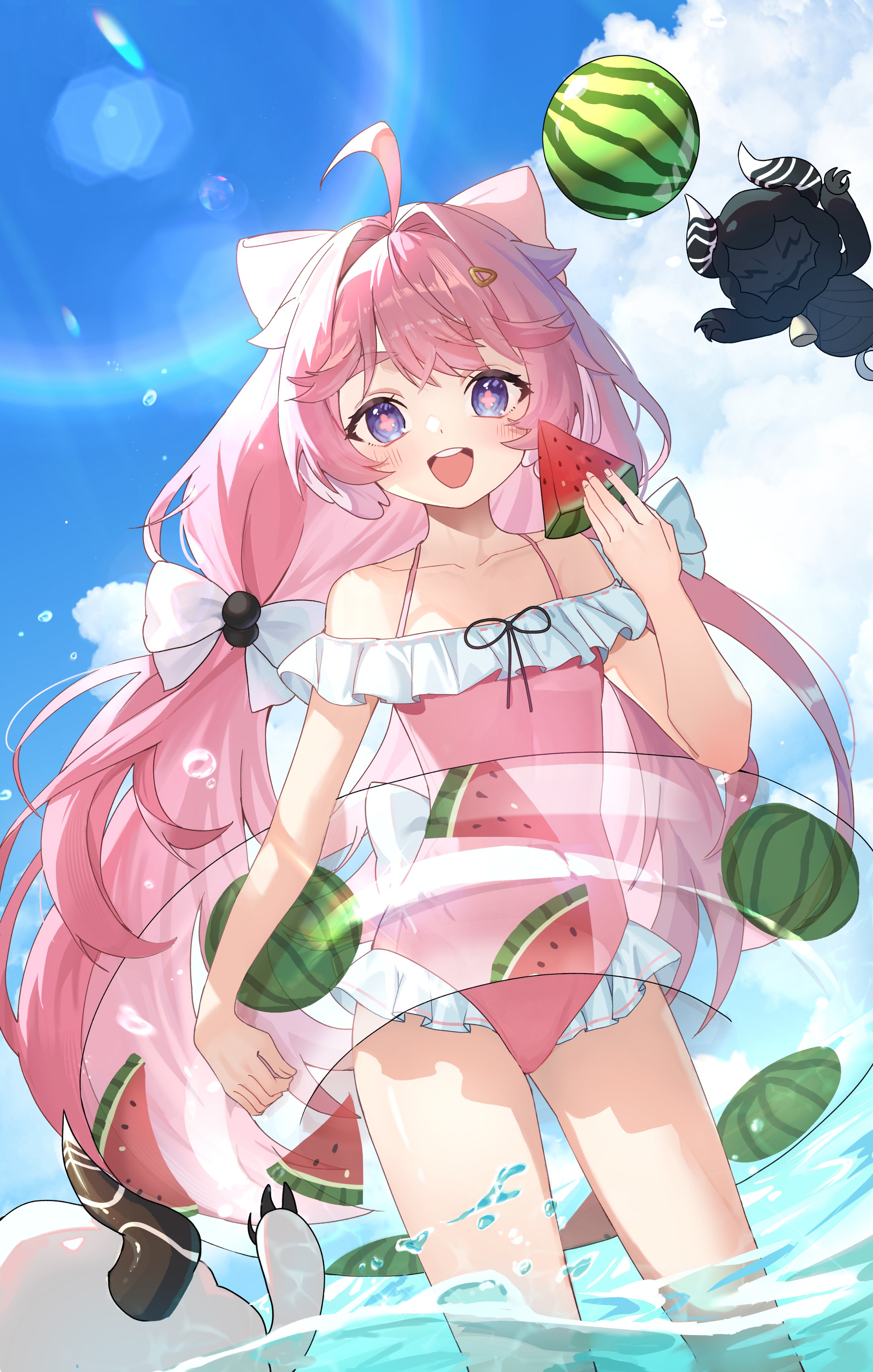 shana deco, encore (wuthering waves), wuthering waves, absurdres, commentary, highres, 1girl, :d, ahoge, blue eyes, blue sky, blush, bow, cloud, collarbone, cowboy shot, day, flower-shaped pupils, food, frilled one-piece swimsuit, frills, hair bow, hand up, holding, holding food, innertube, long hair, looking at viewer, one-piece swimsuit, open mouth, outdoors, pink hair, pink one-piece swimsuit, rainbow, sky, smile, solo, swim ring, swimsuit, symbol-shaped pupils, very long hair, white bow