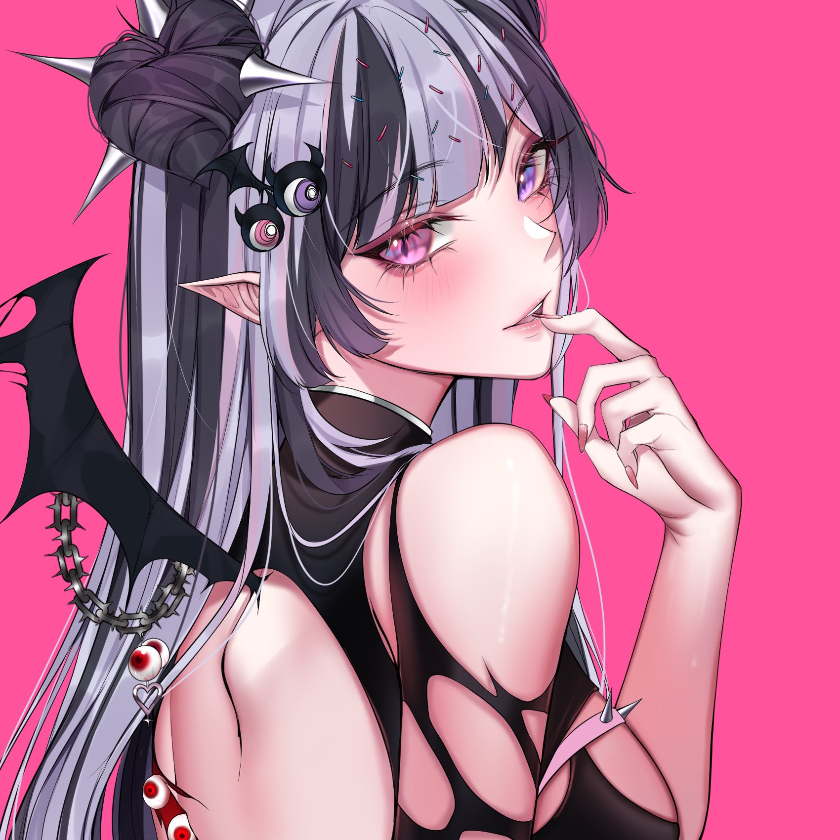 noriben, indie virtual youtuber, commentary, english commentary, highres, second-party source, 1girl, aegyo sal, bat wings, black streaks, blush, breasts, finger to mouth, fingernails, hair bun, hair ornament, hair sprinkles, hand up, heart hair bun, heterochromia, long fingernails, long hair, looking at viewer, medium breasts, multicolored hair, parted lips, pink background, pink eyes, pink nails, pointy ears, purple eyes, purple hair, shoulder blades, simple background, single bare shoulder, smile, solo, spikes, sprinkle hershy, sprinkles, streaked hair, swept bangs, torn wings, upper body, virtual youtuber, wings