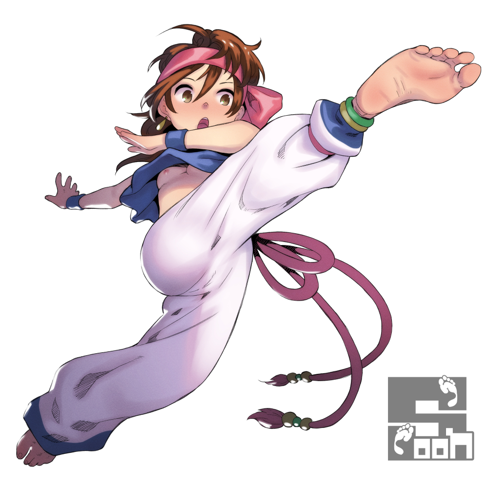 soon (c-u-soon), momoko (kof), the king of fighters, commentary, 1girl, barefoot, brown hair, earrings, headband, jewelry, nipples, open mouth, soles, solo, toes, white background