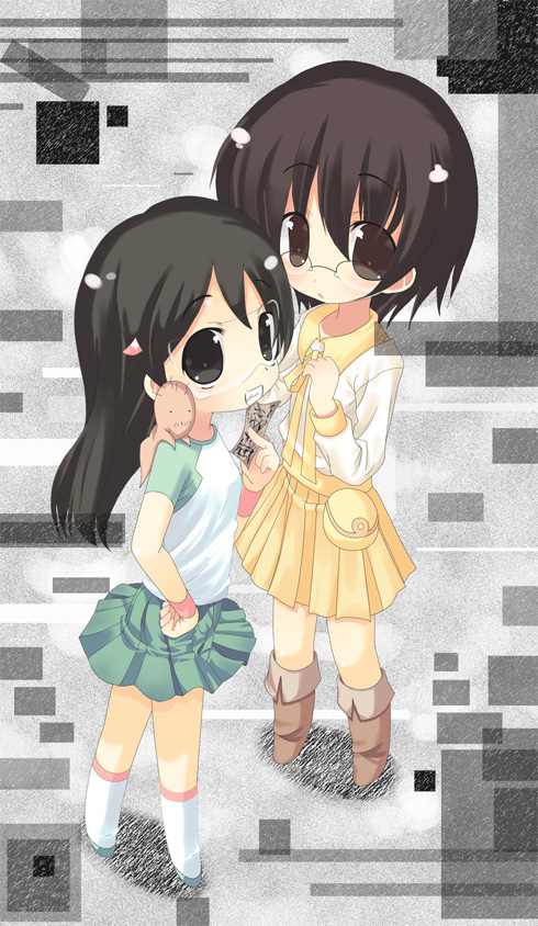 hashimoto fumie, okonogi yuuko, oyaji (dennou coil), dennou coil, brown footwear, green footwear, white legwear, tagme, 00s, 1boy, 2girls, abstract background, blush, boots, chibi, creature, creature on shoulder, full body, glasses, goggles, green skirt, green sleeves, grin, hand on own hip, long hair, looking at viewer, looking over eyewear, looking to the side, miniskirt, multiple girls, on shoulder, pleated skirt, raglan sleeves, shirt, shoes, short hair, skirt, smile, socks, standing, t-shirt, white shirt, yellow skirt