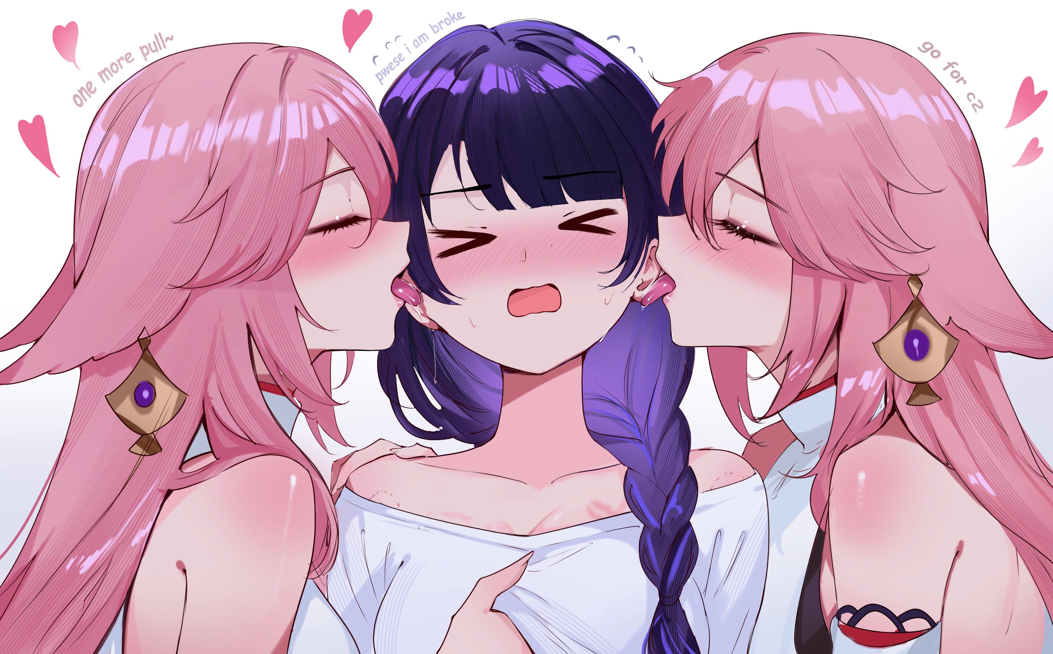 arnkun, raiden shogun, yae miko, genshin impact, absurdres, commentary, highres, > <, 2girls, alternate costume, animal ears, blue hair, blush, braid, clone, clone harem, closed eyes, collarbone, ear licking, english text, floppy ears, fox, fox ears, grabbing another's breast, groping, licking, long hair, multiple girls, open mouth, pink hair, shirt, simple background, tongue, tongue out, white background, white shirt, yuri