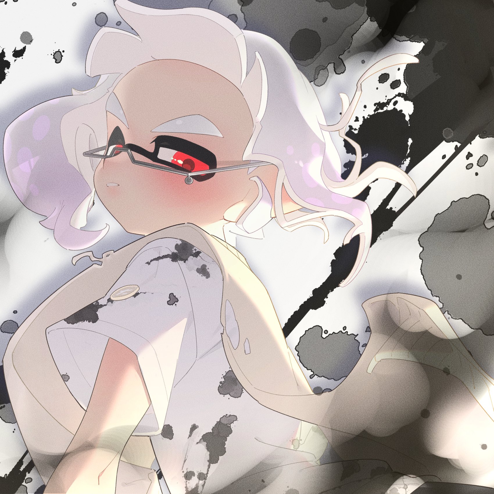 surume01417, inkling boy, inkling player character, nintendo, splatoon (series), highres, 1boy, floating hair, glasses, grey-framed eyewear, inkling, looking at viewer, male focus, parted lips, pointy ears, print shirt, red eyes, shirt, short hair, short sleeves, solo, splatter background, splatter print, sweater vest, tentacle hair, thick eyebrows, upper body, white hair, white shirt, white sweater vest