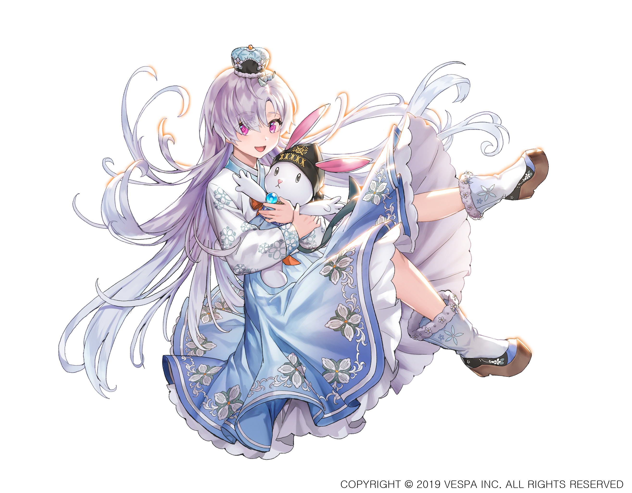 jaeyun, lavril (king's raid), king's raid, commentary, english commentary, highres, official art, 1girl, blue boots, blue hanbok, blue skirt, boots, floral print, full body, fur-trimmed boots, fur trim, hanbok, hat, holding, holding stuffed toy, korean clothes, long hair, long skirt, mini hat, official alternate costume, pink eyes, platform boots, simple background, skirt, smile, solo, stuffed animal, stuffed rabbit, stuffed toy, white background, white hair, white hanbok