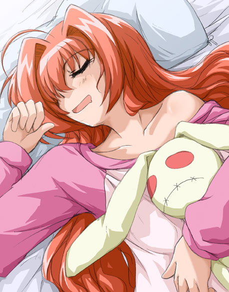 bioroid hei, vita (nanoha), lyrical nanoha, mahou shoujo lyrical nanoha, tagme, 00s, 1girl, female focus, long hair, lying, pillow, sleeping, solo, stuffed animal, stuffed toy, upper body