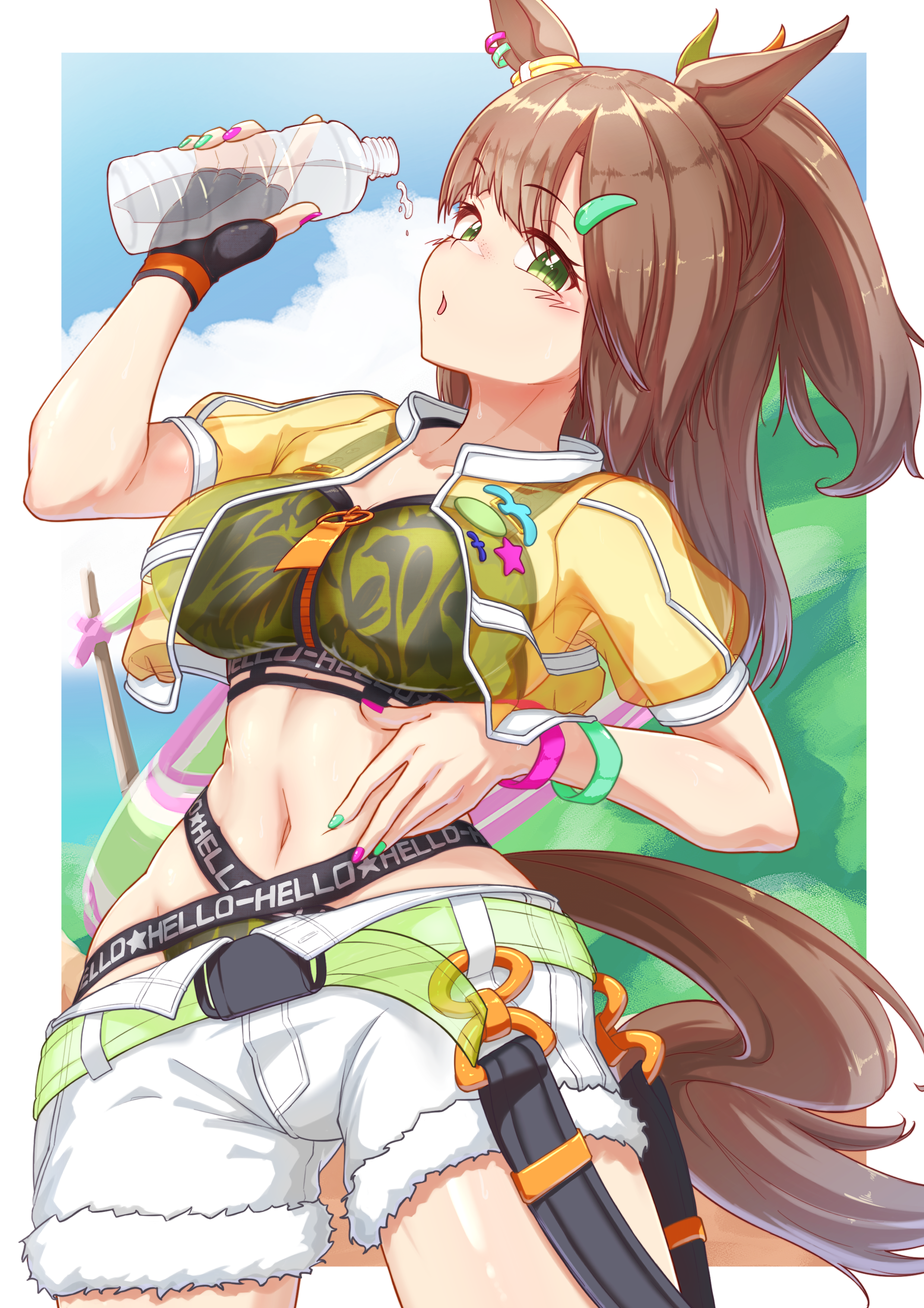 flova11, ines fujin (hello hello island) (umamusume), ines fujin (umamusume), umamusume, absurdres, highres, 1girl, animal ears, belt, bikini, bikini under shorts, black gloves, blue sky, blush, bottle, bracelet, breasts, brown hair, cleavage, cloud, cropped jacket, ear ornament, fingerless gloves, gloves, green belt, green bikini, green eyes, hair ornament, hairclip, holding, holding bottle, horse ears, horse girl, horse tail, jacket, jewelry, large breasts, looking at viewer, midriff, multi-strapped bikini bottom, navel, official alternate costume, official alternate hairstyle, open mouth, outdoors, ponytail, see-through clothes, see-through jacket, shorts, single glove, sky, solo, swimsuit, tail, water, water bottle, white shorts, yellow jacket