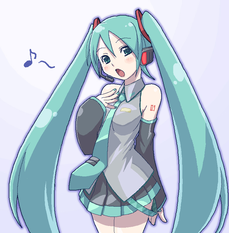 haganemaru kennosuke, hatsune miku, vocaloid, 1girl, aqua eyes, aqua hair, aqua nails, aqua necktie, arm behind back, bare shoulders, blouse, collared shirt, detached sleeves, female focus, gradient background, grey shirt, head tilt, long hair, music, musical note, nail polish, necktie, oekaki, open mouth, purple background, quaver, shirt, shoulder tattoo, simple background, singing, sleeveless, sleeveless shirt, solo, tattoo, twintails, very long hair