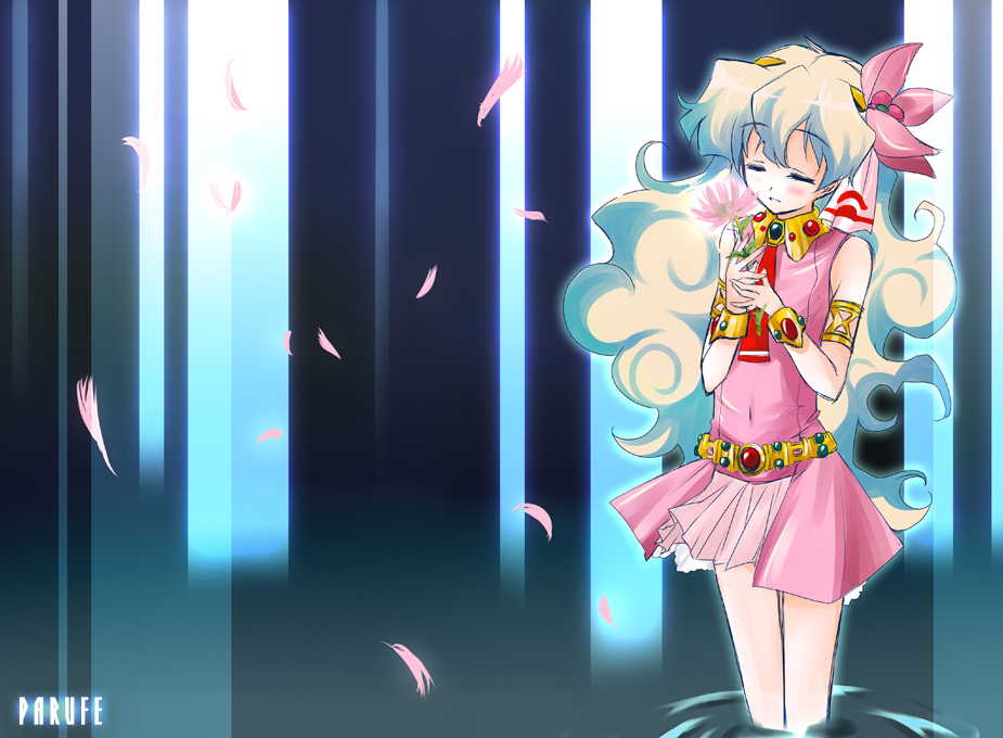 hayashi sakura, nia teppelin, tengen toppa gurren lagann, 00s, 1girl, ^ ^, armlet, bare legs, bare shoulders, belt, blonde hair, blue hair, blush, brooch, closed eyes, collar, cowboy shot, curly hair, dress, female focus, flower, gem, jewelry, long hair, multicolored hair, necktie, pink dress, solo, square-end necktie, standing, two-tone hair, very long hair, wading, water