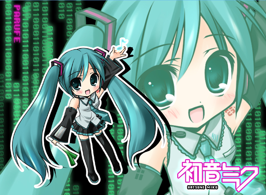 hayashi sakura, hatsune miku, vocaloid, 1girl, aqua hair, aqua necktie, binary, black background, black thighhighs, blouse, character name, chibi, collared shirt, female focus, food, frilled shirt, frills, grey shirt, long hair, necktie, scalllion, shirt, shoulder tattoo, sleeveless, sleeveless shirt, solo, spring onion, swept bangs, tattoo, thighhighs, twintails, vegetable, very long hair, zettai ryouiki, zoom layer