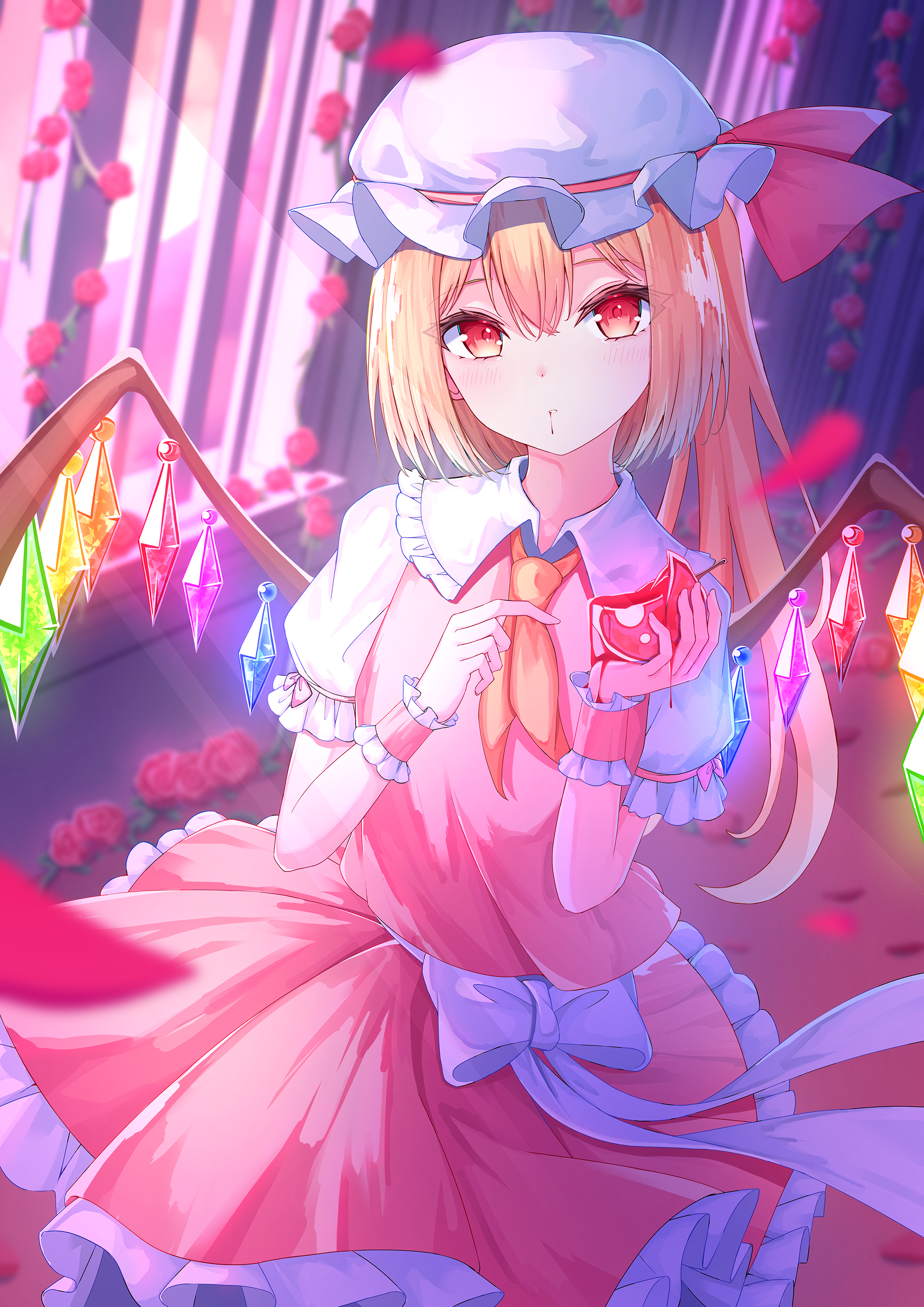 flandre scarlet, touhou, absurdres, highres, second-party source, 1girl, ascot, blonde hair, closed mouth, crystal, crystal wings, frilled shirt collar, frills, hat, hat ribbon, looking at viewer, mob cap, puffy short sleeves, puffy sleeves, red eyes, red vest, ribbon, shirt, short sleeves, side ponytail, skirt, solo, touhou project exhibition: harajuku gensoukyou 2025 official, vest, wings, wrist cuffs, yellow ascot