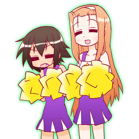 kairakuen umenoka, kusakabe misao, minegishi ayano, lucky star, lowres, 00s, 2girls, aqua outline, cheerleader, fang, multiple girls, outline