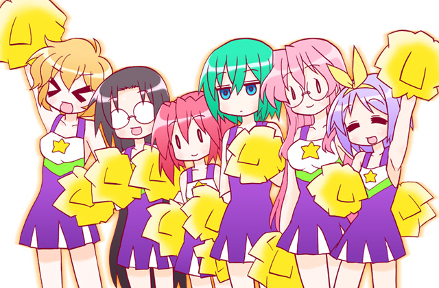 kairakuen umenoka, hiiragi tsukasa, iwasaki minami, kobayakawa yutaka, patricia martin, takara miyuki, tamura hiyori, lucky star, > <, 00s, 6+girls, = =, blonde hair, blush, breasts, brown hair, cheerleader, closed eyes, everyone, glasses, green hair, hairband, lineup, long hair, medium breasts, multiple girls, pink hair, pom pom (cheerleading), short hair, small breasts, twintails, very long hair