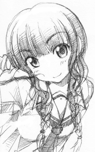 gofu, mizusawa mao, kimi kiss, traditional media, 1girl, braid, female focus, greyscale, hair over shoulder, monochrome, sketch, solo, twin braids, twintails