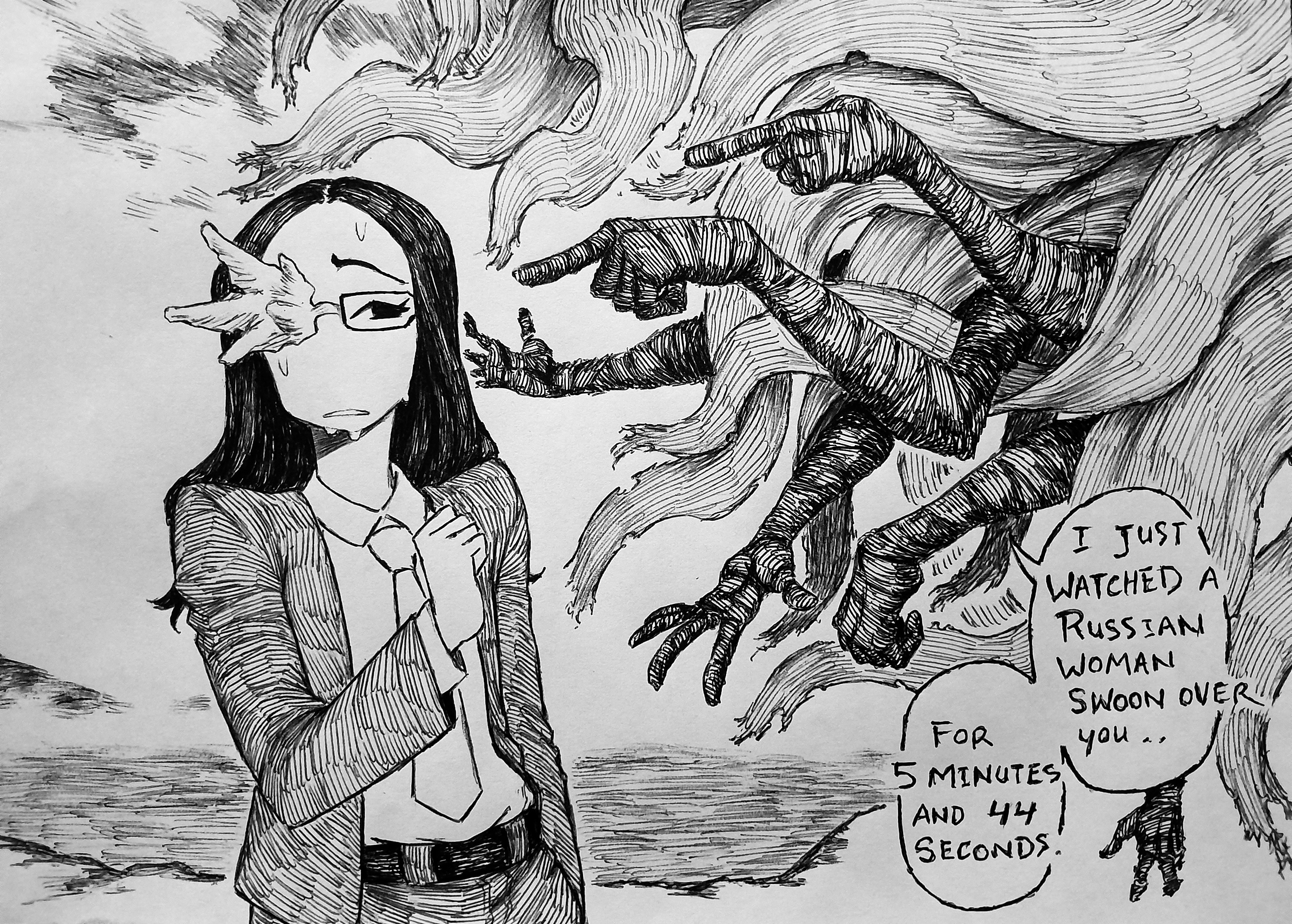 chronozbergh, coral glasses, ena: dream bbq, ena (series), absurdres, commentary, english commentary, highres, 1girl, black hair, coral, crosshatching, extra arms, glasses, greyscale, hatching (texture), long hair, monochrome, necktie, speech bubble, sweat, white necktie