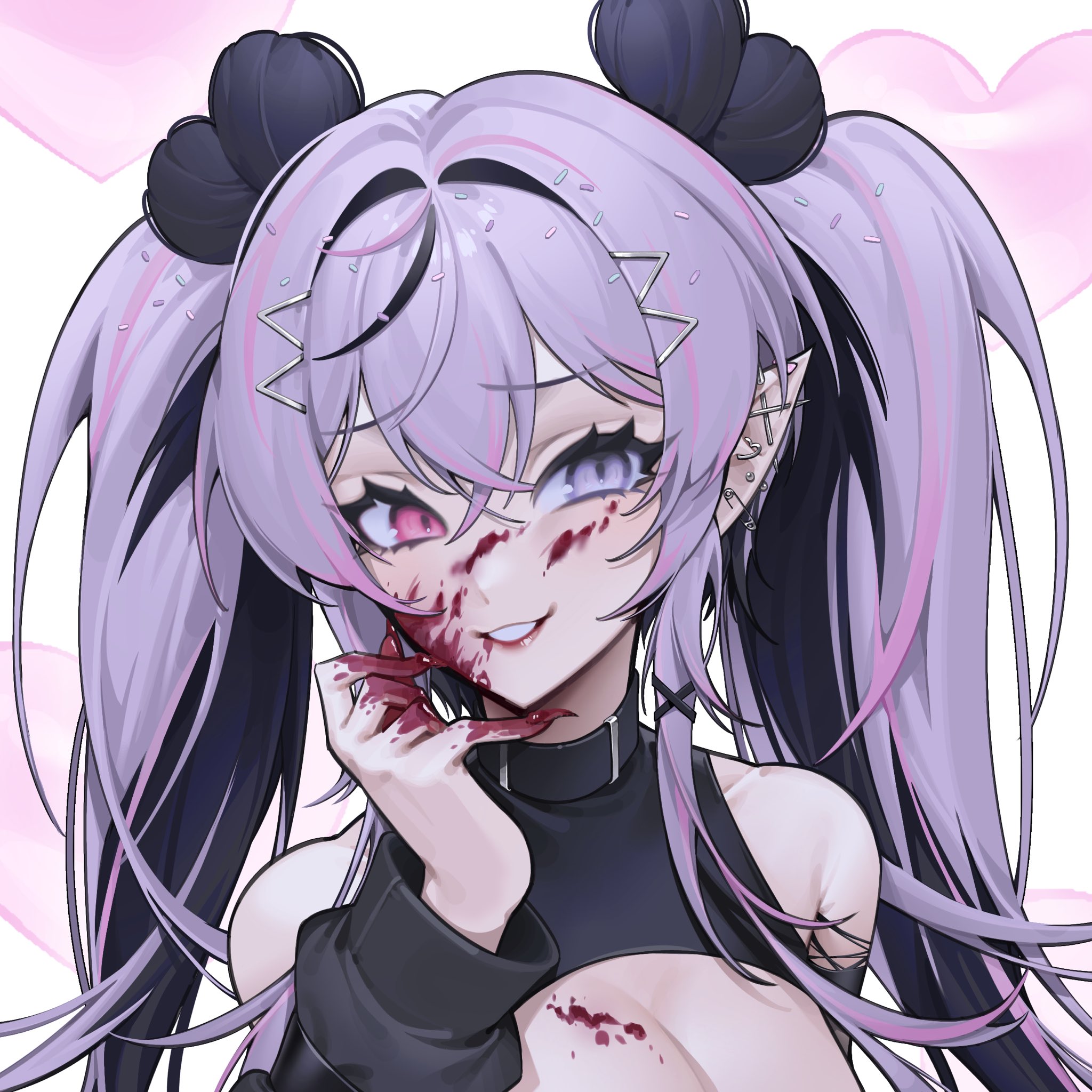 vorqcity, indie virtual youtuber, commentary, english commentary, highres, second-party source, 1girl, armpit crease, bare shoulders, black streaks, blood, blood on breasts, blood on face, blood on hands, breasts, cleavage, crossed bangs, double-parted bangs, double bun, ear piercing, fingernails, hair between eyes, hair bun, hair sprinkles, hand up, heart hair bun, heterochromia, long fingernails, long hair, long sleeves, looking at viewer, medium breasts, multicolored hair, parted lips, piercing, pink eyes, pointy ears, purple eyes, purple hair, red nails, smile, solo, sprinkle hershy, sprinkles, streaked hair, turtleneck, two side up, upper body, virtual youtuber, white background