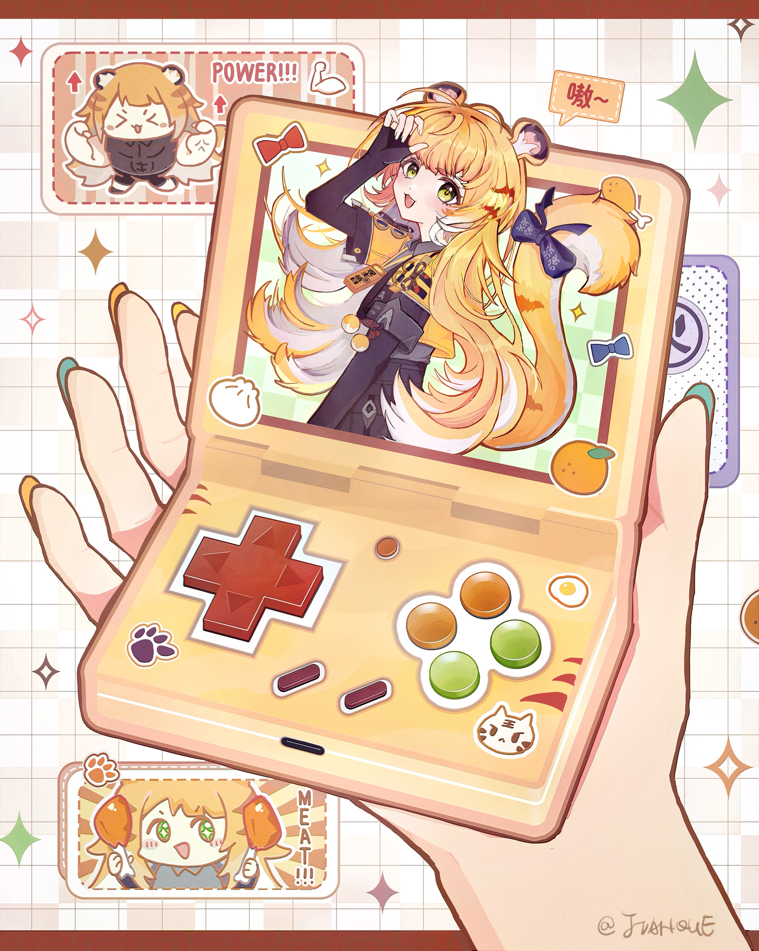 ju fufu, zenless zone zero, highres, 1girl, animal ear fluff, animal ears, blonde hair, fingerless gloves, game boy, game console, gloves, green eyes, handheld game console, jacket, jianque, long hair, looking at viewer, multicolored hair, open mouth, shirt, shorts, smile, solo, tail, tiger ears, tiger girl, tiger tail, white hair