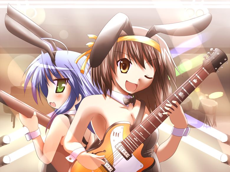jun (aoerm), izumi konata, suzumiya haruhi, lucky star, suzumiya haruhi no yuuutsu, 00s, animal ears, brown hair, crossover, fake animal ears, guitar, instrument, playboy bunny, rabbit ears, short hair