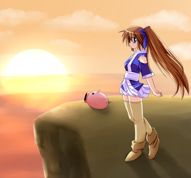 jun (aoerm), suzu (nagasarete airantou), tonkatsu (nagasarete airantou), nagasarete airantou, 00s, arms behind back, blue eyes, boots, brown hair, cliff, hair ribbon, japanese clothes, long hair, looking back, outdoors, pig, ponytail, ribbon, skirt, solo, sun, sunset, thighhighs, very long hair, water, wind, yellow thighhighs, zettai ryouiki