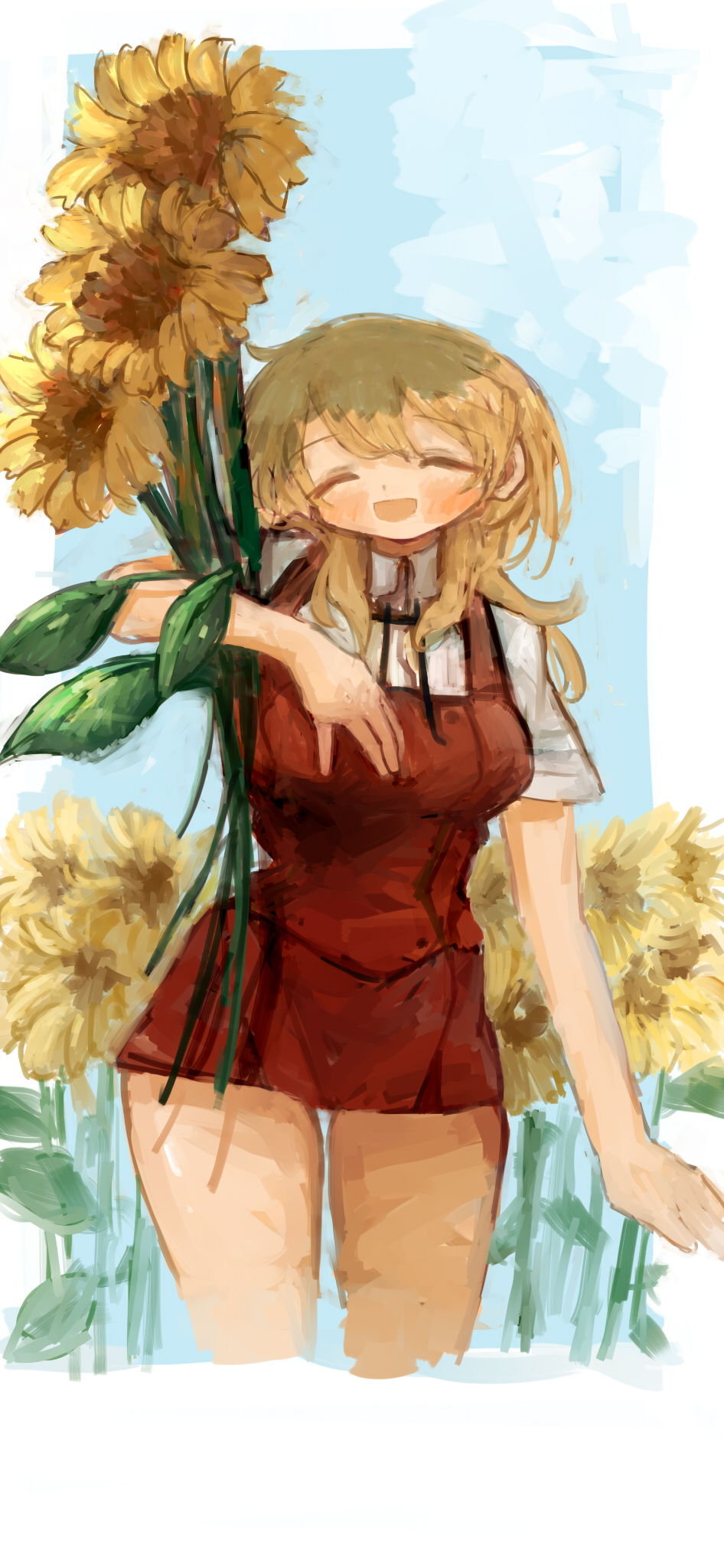 kotatsu (pchu), miyako (hidamari sketch), hidamari sketch, highres, 1girl, ^ ^, black ribbon, blonde hair, blue sky, bouquet, closed eyes, day, field, flower, flower field, holding, holding bouquet, long hair, neck ribbon, outdoors, red skirt, ribbon, school uniform, skirt, sky, smile, solo, sunflower, sunflower field, yamabuki high school uniform