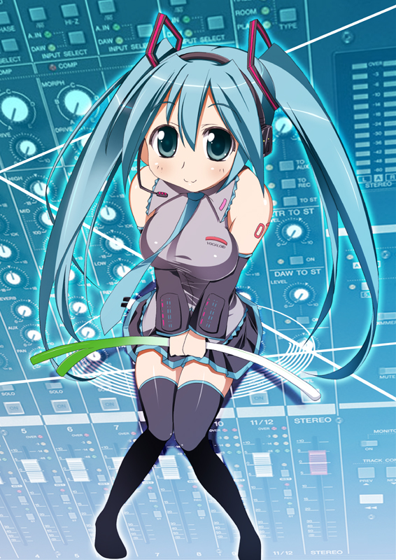 shio, hatsune miku, vocaloid, spring onion, thighhighs, twintails