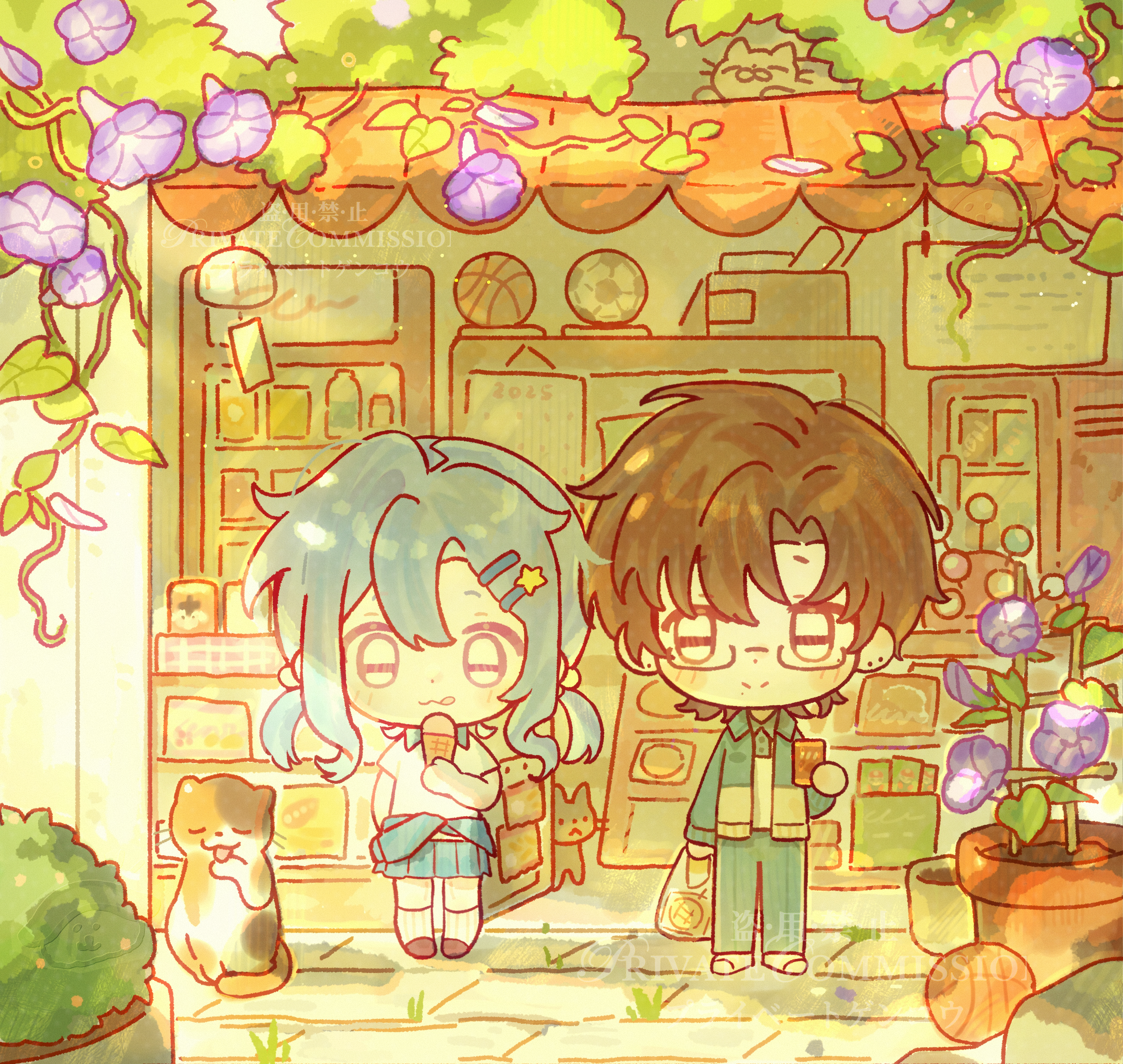 original, absurdres, highres, 1boy, 1girl, :3, :q, bag, bai yang zi, blue hair, blue jacket, blue pants, blue skirt, blush stickers, brown eyes, brown hair, brown shoes, chibi, chibi only, closed mouth, double-parted bangs, food, full body, glasses, grocery bag, holding, holding bag, holding food, holding ice cream, ice cream, jacket, long hair, open clothes, open jacket, outdoors, pants, parted bangs, plant, pleated skirt, potted plant, semi-rimless eyewear, shirt, shoes, shopping bag, short hair, short sleeves, skirt, smile, socks, standing, tongue, tongue out, under-rim eyewear, white shirt, white shoes, white socks