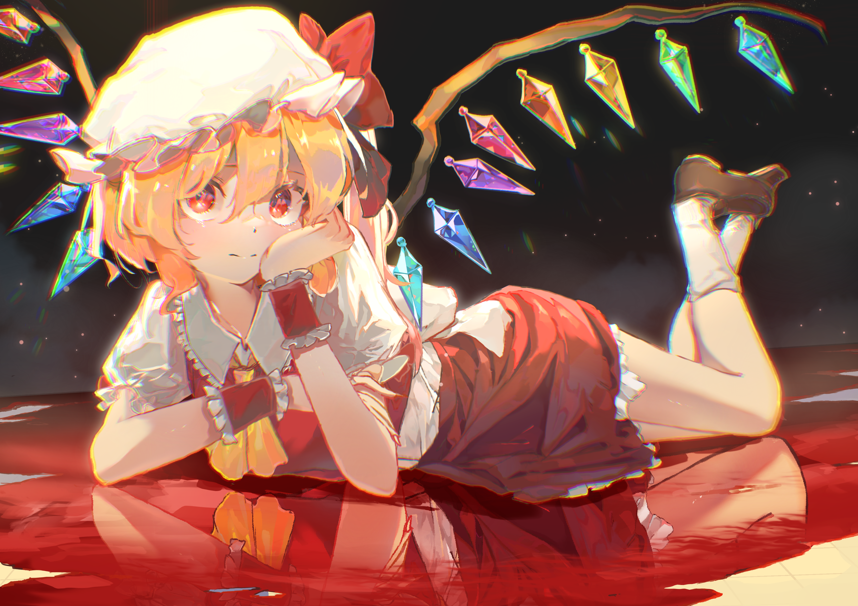 flandre scarlet, touhou, absurdres, highres, second-party source, 1girl, ascot, blonde hair, crystal, frilled shirt collar, frilled skirt, frills, full body, hair between eyes, hand on own chin, hat, hat ribbon, legs up, looking at viewer, lying, mob cap, puffy short sleeves, puffy sleeves, red eyes, red skirt, red vest, ribbon, shirt, short hair, short sleeves, side ponytail, skirt, solo, vest, wings, wrist cuffs, yellow ascot
