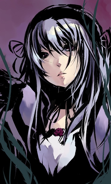 mikage sekizai, suigintou, rozen maiden, 00s, 1girl, black background, choker, collarbone, female focus, flower, frills, hairband, lolita hairband, looking at viewer, purple background, rose, simple background, solo, tears, upper body